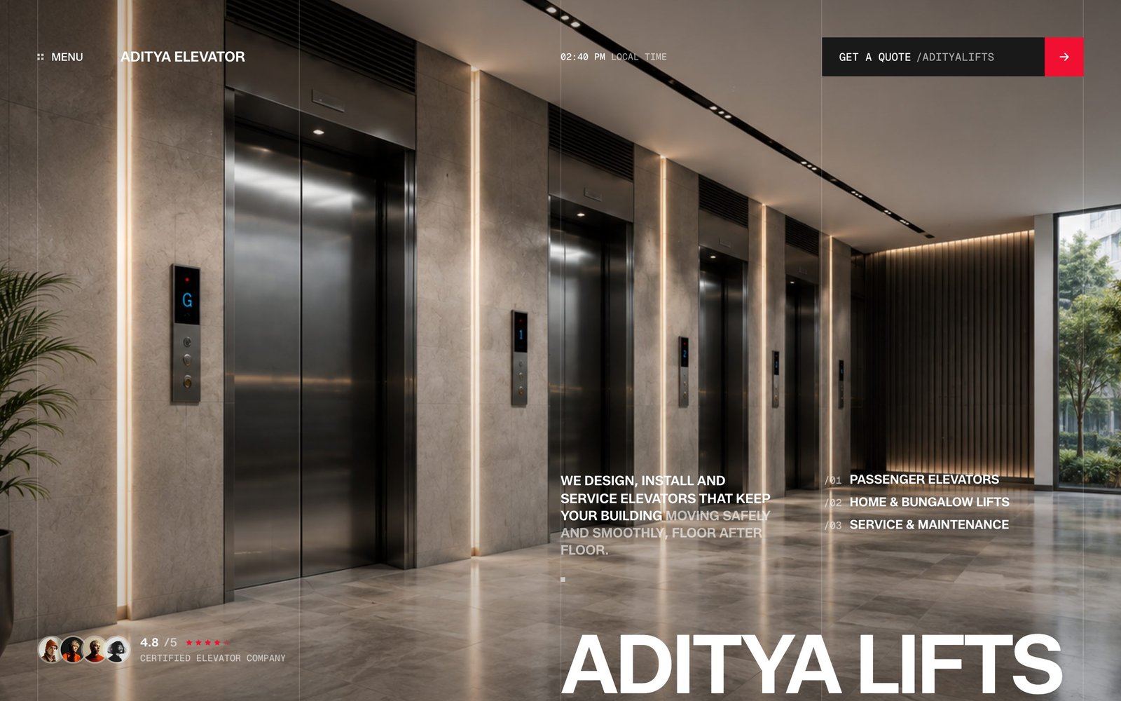 Aditya Lifts home page hero with a modern elevator lobby