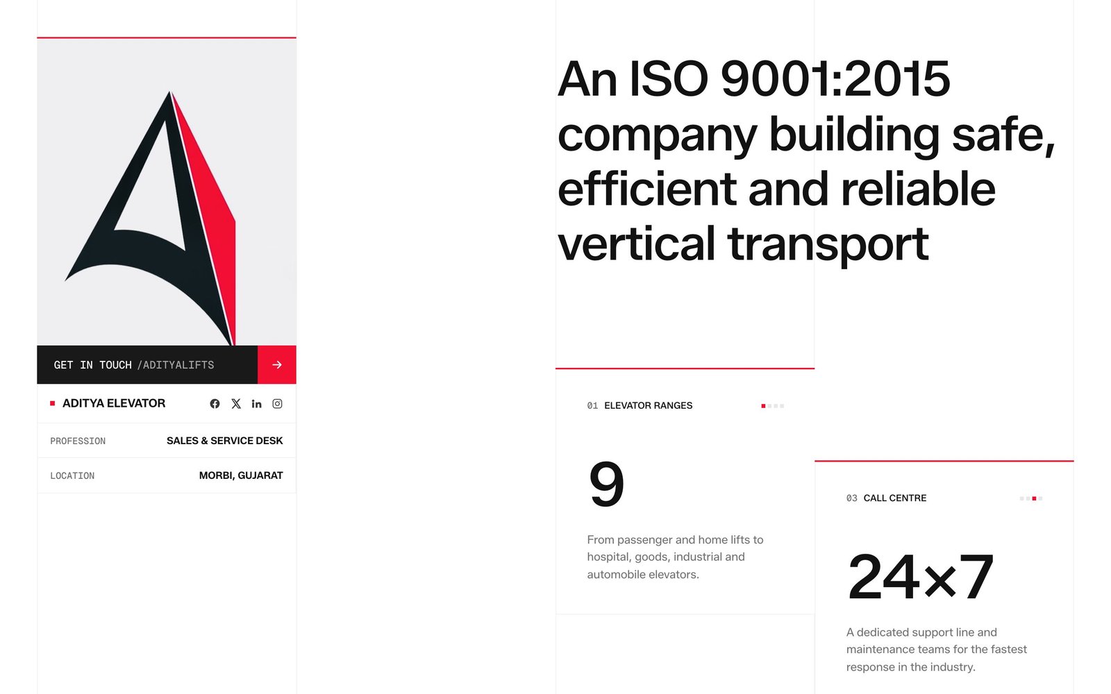 Mission section stating an ISO 9001:2015 company building safe, efficient and reliable vertical transport