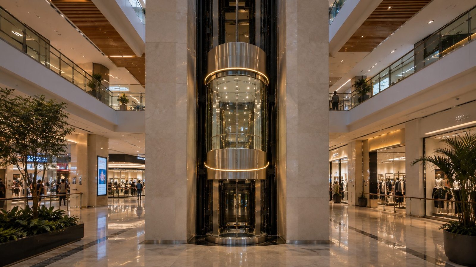 Panoramic capsule elevator in a shopping mall atrium