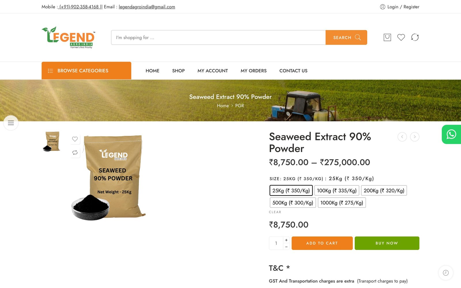 Product page for Seaweed Extract 90% Powder with pack-size options