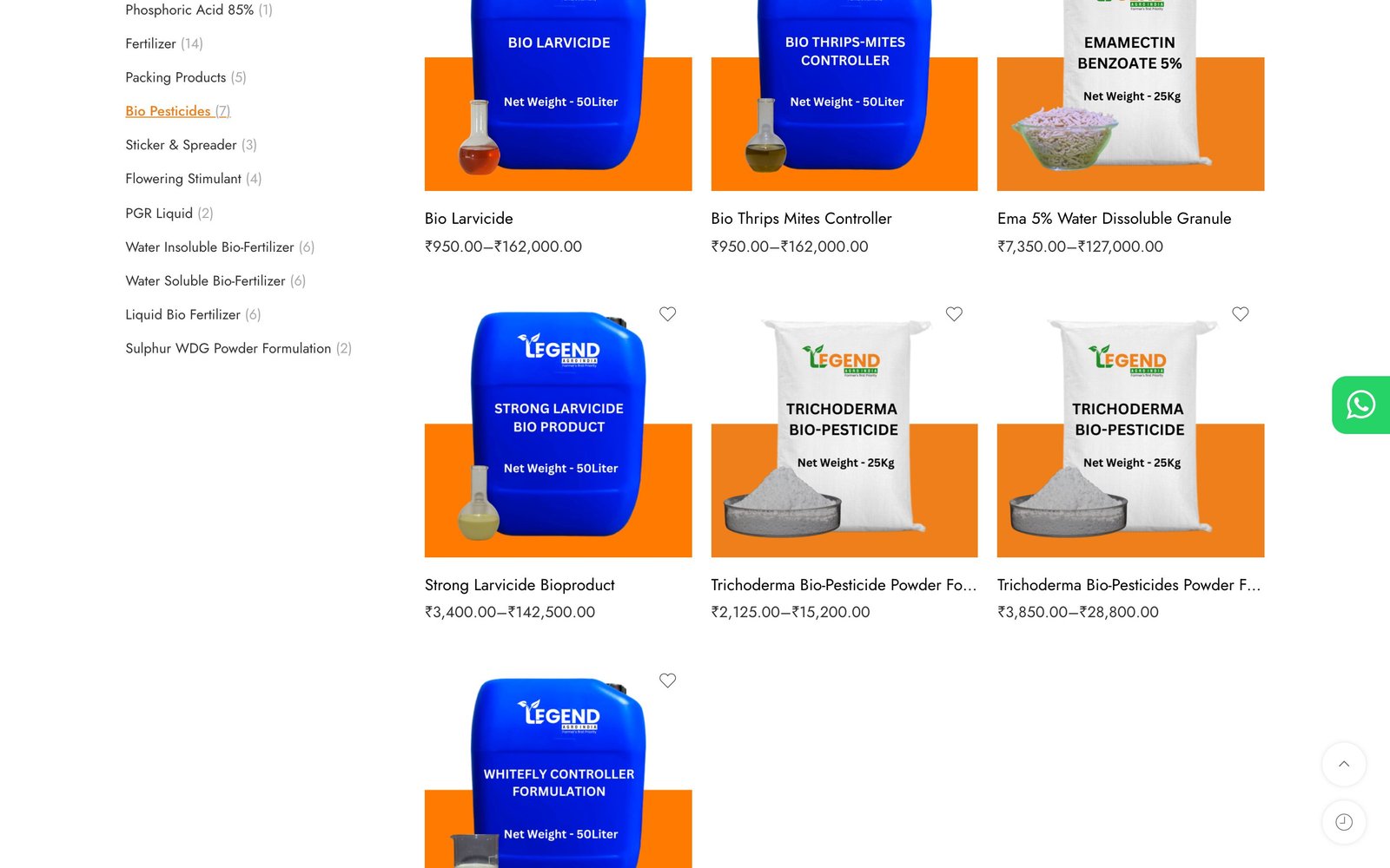 Bio Pesticides category page with a product grid
