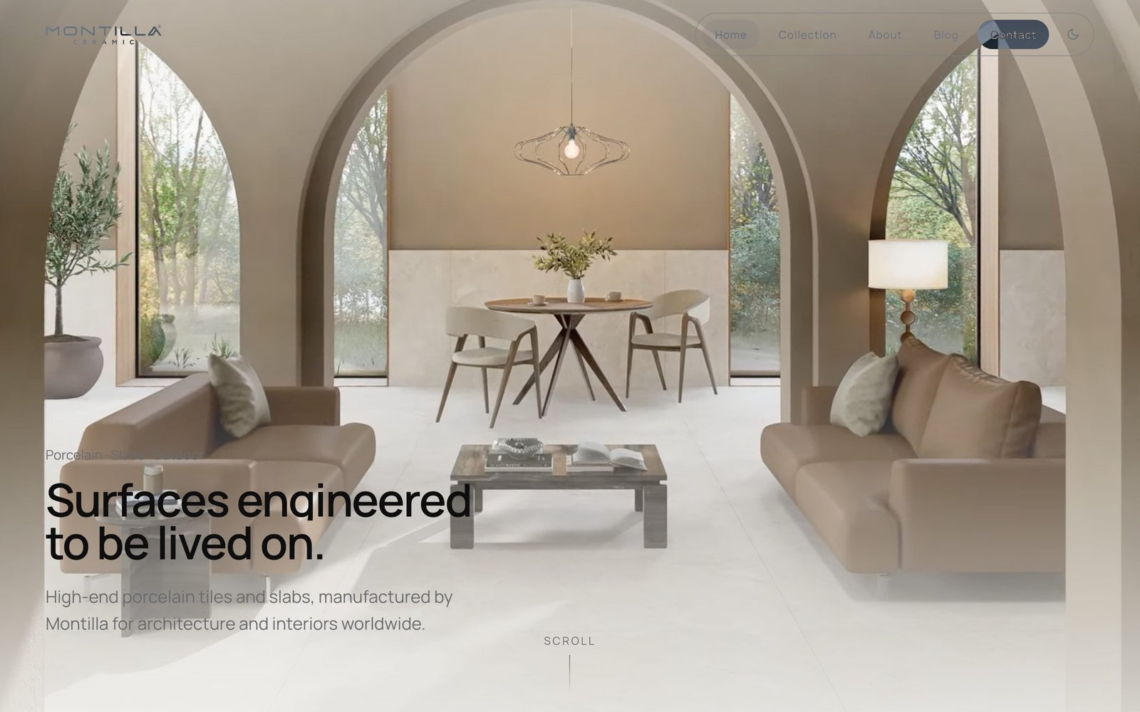 Montilla Ceramic home page with the headline Surfaces engineered to be lived on